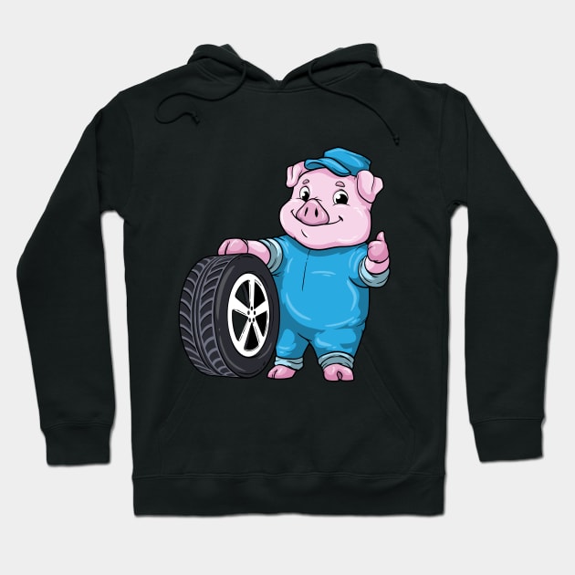 Pig as Car mechanic with Tires Hoodie by Markus Schnabel